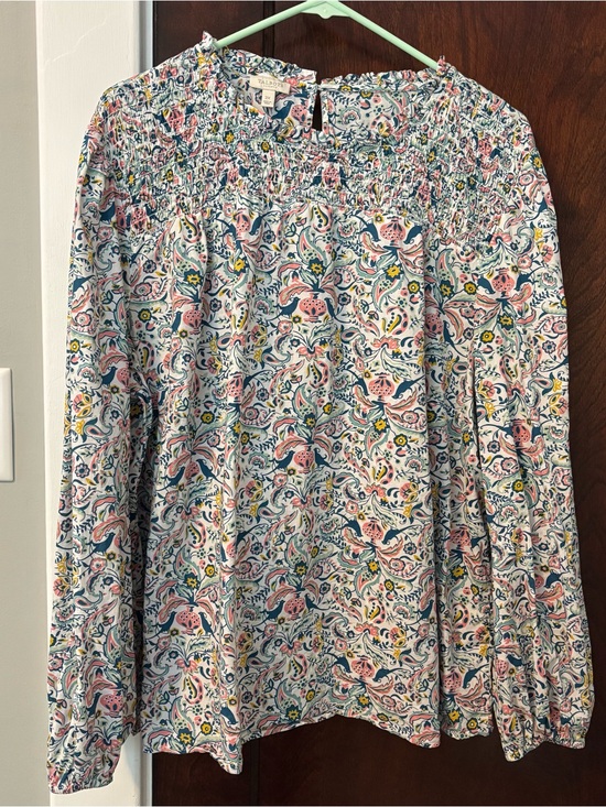 Talbots Tops - Talbots Blouse 2X 100% Cotton Top Long Sleeve Bird Floral Print Smocked Shirt